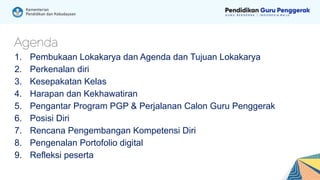Agenda
1. Pembukaan Lokakarya dan Agenda dan Tujuan Lokakarya
2. Perkenalan diri
3. Kesepakatan Kelas
4. Harapan dan Kekhawatiran
5. Pengantar Program PGP & Perjalanan Calon Guru Penggerak
6. Posisi Diri
7. Rencana Pengembangan Kompetensi Diri
8. Pengenalan Portofolio digital
9. Refleksi peserta
 