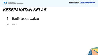 1. Hadir tepat waktu
2. …..
KESEPAKATAN KELAS
 