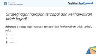 Strategi agar harapan tercapai dan kekhawatiran
tidak terjadi :
Beberapa strategi agar harapan tercapai dan kekhawatiran tidak terjadi,
yaitu :
1. …..
2. …..
3. …….
 