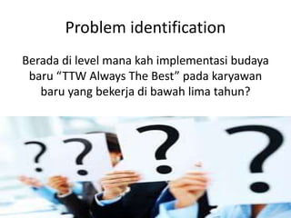 Problem identification
Berada di level mana kah implementasi budaya
baru “TTW Always The Best” pada karyawan
baru yang bekerja di bawah lima tahun?
 