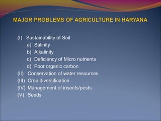 (I) Sustainability of Soil
a) Salinity
b) Alkalinity
c) Deficiency of Micro nutrients
d) Poor organic carbon
(II) Conservation of water resources
(III) Crop diversification
(IV) Management of insects/pests
(V) Seeds
 