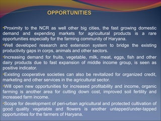 •Proximity to the NCR as well other big cities, the fast growing domestic
demand and expending markets for agricultural products is a rare
opportunities especially for the farming community of Haryana.
•Well developed research and extension system to bridge the existing
productivity gaps in corps, animals and other sectors.
•Increasing demand for fruits, vegetable, milk, meat, eggs, fish and other
dairy products due to fast expansion of middle income group, is seen as
positive indicator.
•Existing cooperative societies can also be revitalized for organized credit,
marketing and other services in the agricultural sector.
•Will open new opportunities for increased profitability and income, organic
farming is another area for cutting down cost, improved soil fertility and
increased farm income.
•Scope for development of peri-urban agricultural and protected cultivation of
good quality vegetable and flowers is another untapped/under-tapped
opportunities for the farmers of Haryana.
 