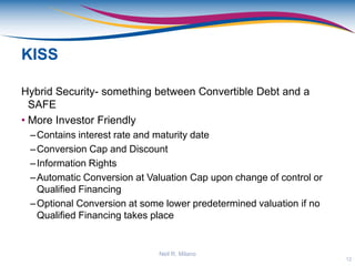 KISS
Hybrid Security- something between Convertible Debt and a
SAFE
• More Investor Friendly
–Contains interest rate and maturity date
–Conversion Cap and Discount
–Information Rights
–Automatic Conversion at Valuation Cap upon change of control or
Qualified Financing
–Optional Conversion at some lower predetermined valuation if no
Qualified Financing takes place
12
Neil R. Milano
 