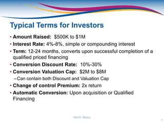 Typical Terms for Investors
• Amount Raised: $500K to $1M
• Interest Rate: 4%-8%, simple or compounding interest
• Term: 12-24 months, converts upon successful completion of a
qualified priced financing
• Conversion Discount Rate: 10%-30%
• Conversion Valuation Cap: $2M to $8M
–Can contain both Discount and Valuation Cap
• Change of control Premium: 2x return
• Automatic Conversion: Upon acquisition or Qualified
Financing
4
Neil R. Milano
 