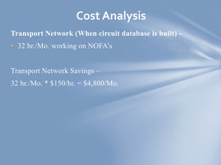 Transport Network (When circuit database is built) -
• 32 hr./Mo. working on NOFA’s
Transport Network Savings –
32 hr./Mo. * $150/hr. = $4,800/Mo.
Cost Analysis
 