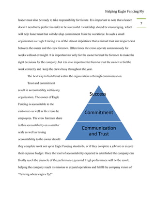 Helping Eagle Fencing Fly
7
Success
Commitment
Communication
and Trust
leader must also be ready to take responsibility for failure. It is important to note that a leader
doesn’t need to be perfect in order to be successful. Leadership should be encouraging, which
will help foster trust that will develop commitment from the workforce. In such a small
organization as Eagle Fencing it is of the utmost importance that a mutual trust and respect exist
between the owner and the crew foremen. Often times the crews operate autonomously for
weeks without oversight. It is important not only for the owner to trust the foremen to make the
right decisions for the company, but it is also important for them to trust the owner to bid the
work correctly and keep the crews busy throughout the year.
The best way to build trust within the organization is through communication.
Trust and commitment
result in accountability within any
organization. The owner of Eagle
Fencing is accountable to the
customers as well as the crews he
employees. The crew foremen share
in this accountability on a smaller
scale as well as having
accountability to the owner should
they complete work not up to Eagle Fencing standards, or if they complete a job late or exceed
their expense budget. Once the level of accountability expected is established the company can
finally reach the pinnacle of the performance pyramid. High performance will be the result,
helping the company reach its mission to expand operations and fulfill the company vision of
“Fencing where eagles fly!”
 