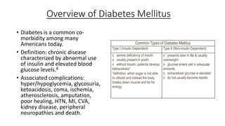 Overview of Diabetes Mellitus
• Diabetes is a common co-
morbidity among many
Americans today.
• Definition: chronic disease
characterized by abnormal use
of insulin and elevated blood
glucose levels.8
• Associated complications:
hyper/hypoglycemia, glycosuria,
ketoacidosis, coma, ischemia,
atherosclerosis, amputation,
poor healing, HTN, MI, CVA,
kidney disease, peripheral
neuropathies and death.
Common Types of Diabetes Mellitus
Type I (Insulin Dependent) Type II (Non-insulin Dependent)
o severe deficiency of insulin
o usually present in youth
o without insulin, patients develop
ketoacidosis*
*definition: when sugar is not able
to utilized and instead the body
breaks down muscle and fat for
energy.
o presents later in life & usually
overweight
o glucose enters cell in adequate
amounts
o extracellular glucose is elevated
o do not usually become ketotic
 