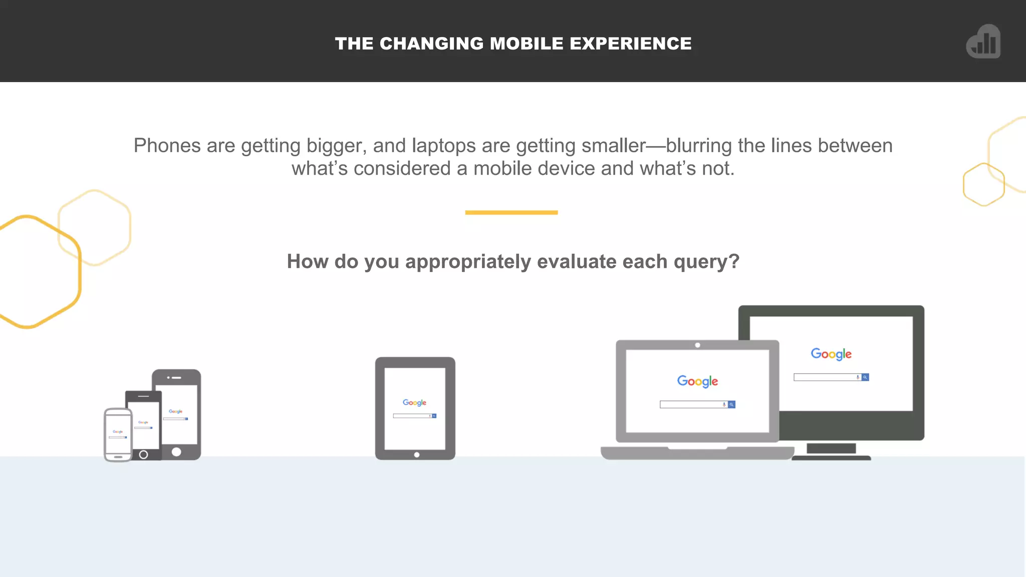 Phones are getting bigger, and laptops are getting smaller—blurring the lines between
what’s considered a mobile device and what’s not.
THE CHANGING MOBILE EXPERIENCE
How do you appropriately evaluate each query?
 