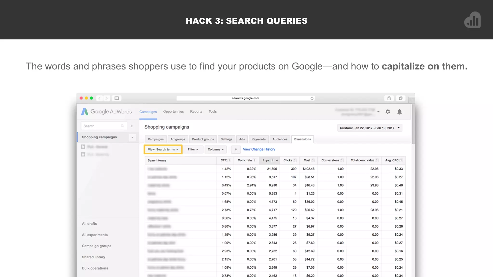 HACK 3: SEARCH QUERIES
The words and phrases shoppers use to find your products on Google—and how to capitalize on them.
 