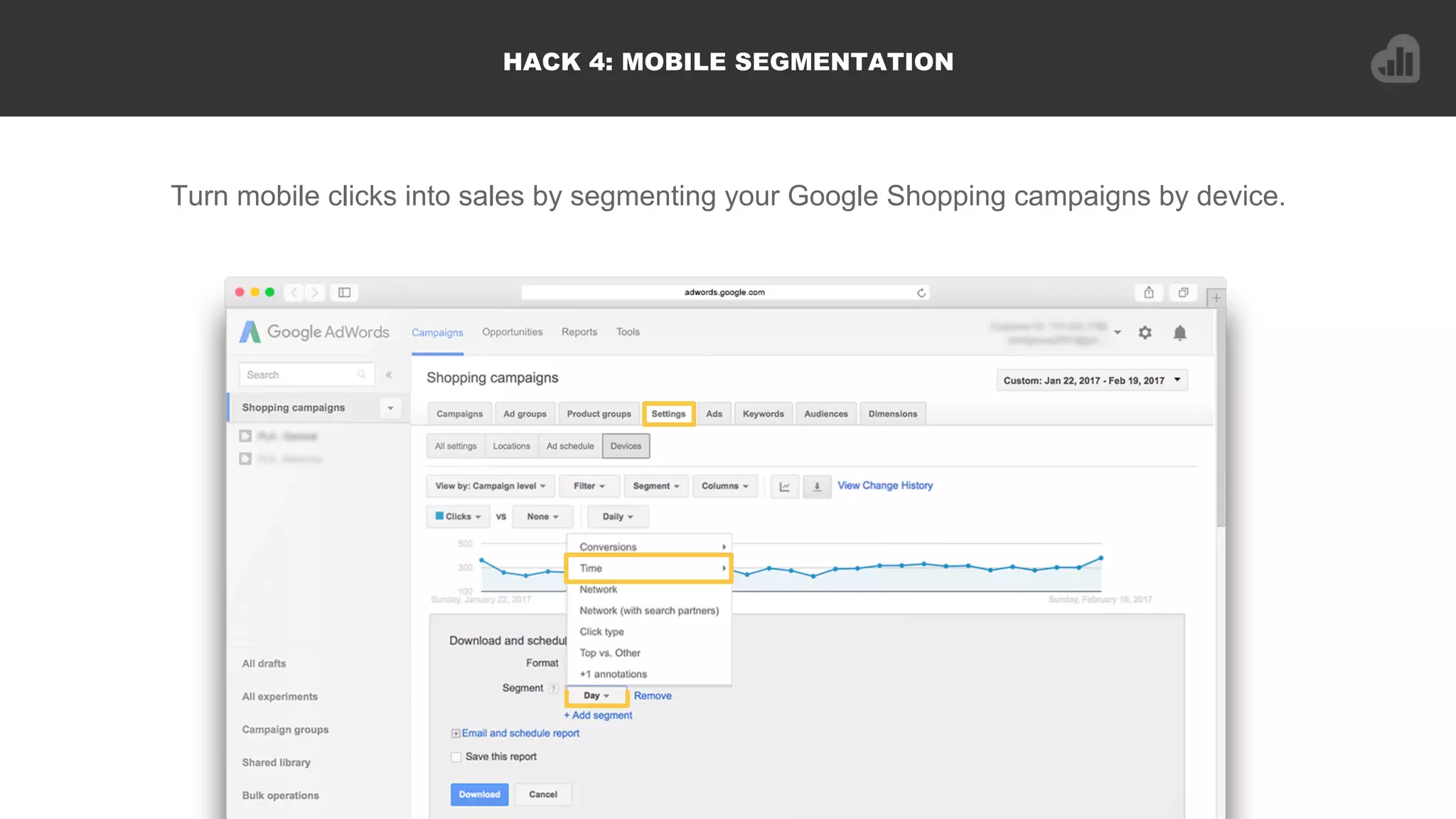 HACK 4: MOBILE SEGMENTATION
Turn mobile clicks into sales by segmenting your Google Shopping campaigns by device.
 