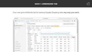 HACK 1: DIMENSIONS TAB
Your new go-to AdWords tab for viewing Google Shopping data any way you want.
 