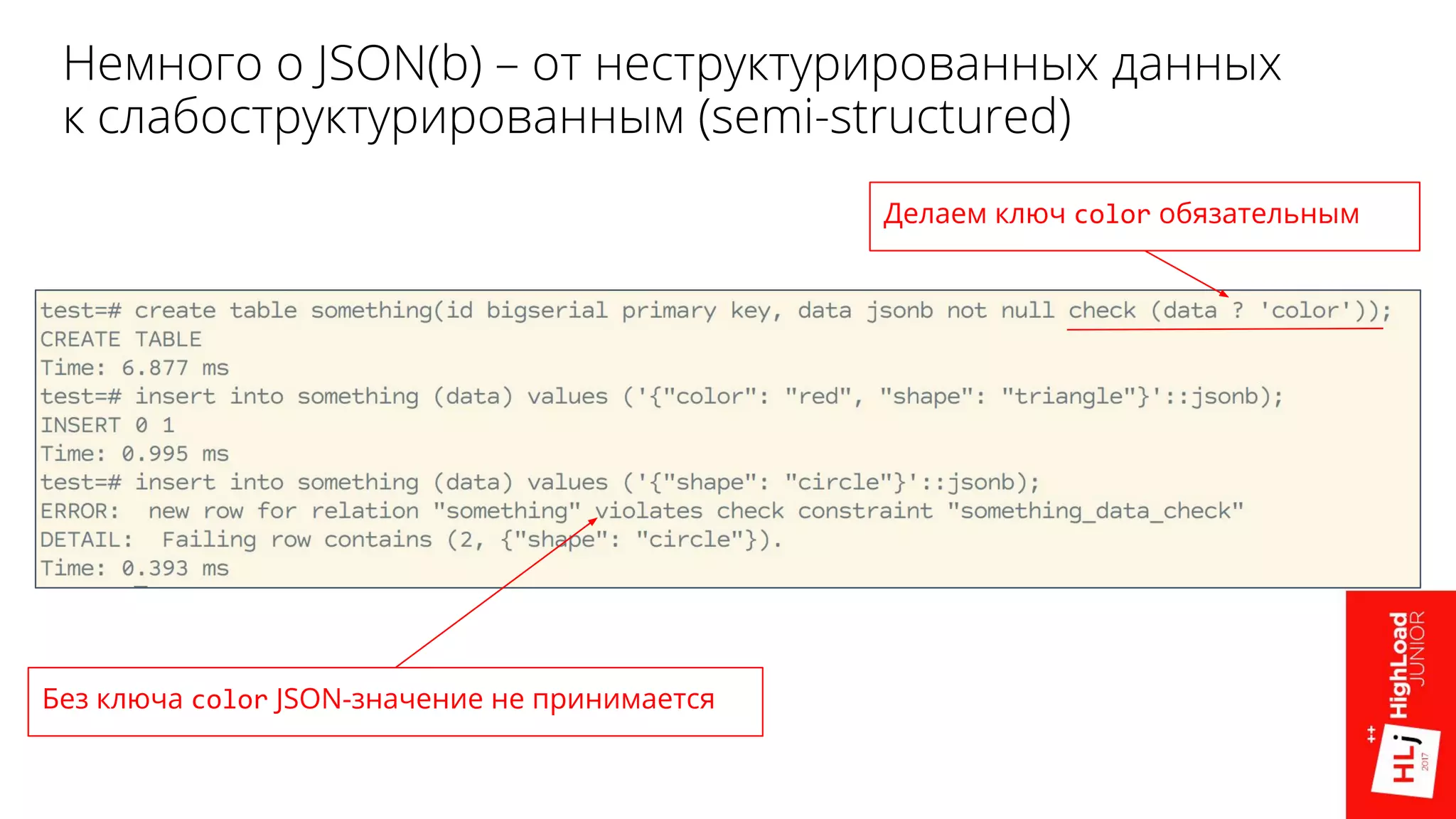 Немного о JSON(b) – от неструктурированных данных
к слабоструктурированным (semi-structured)
Делаем ключ color обязательным
Без ключа color JSON-значение не принимается
 