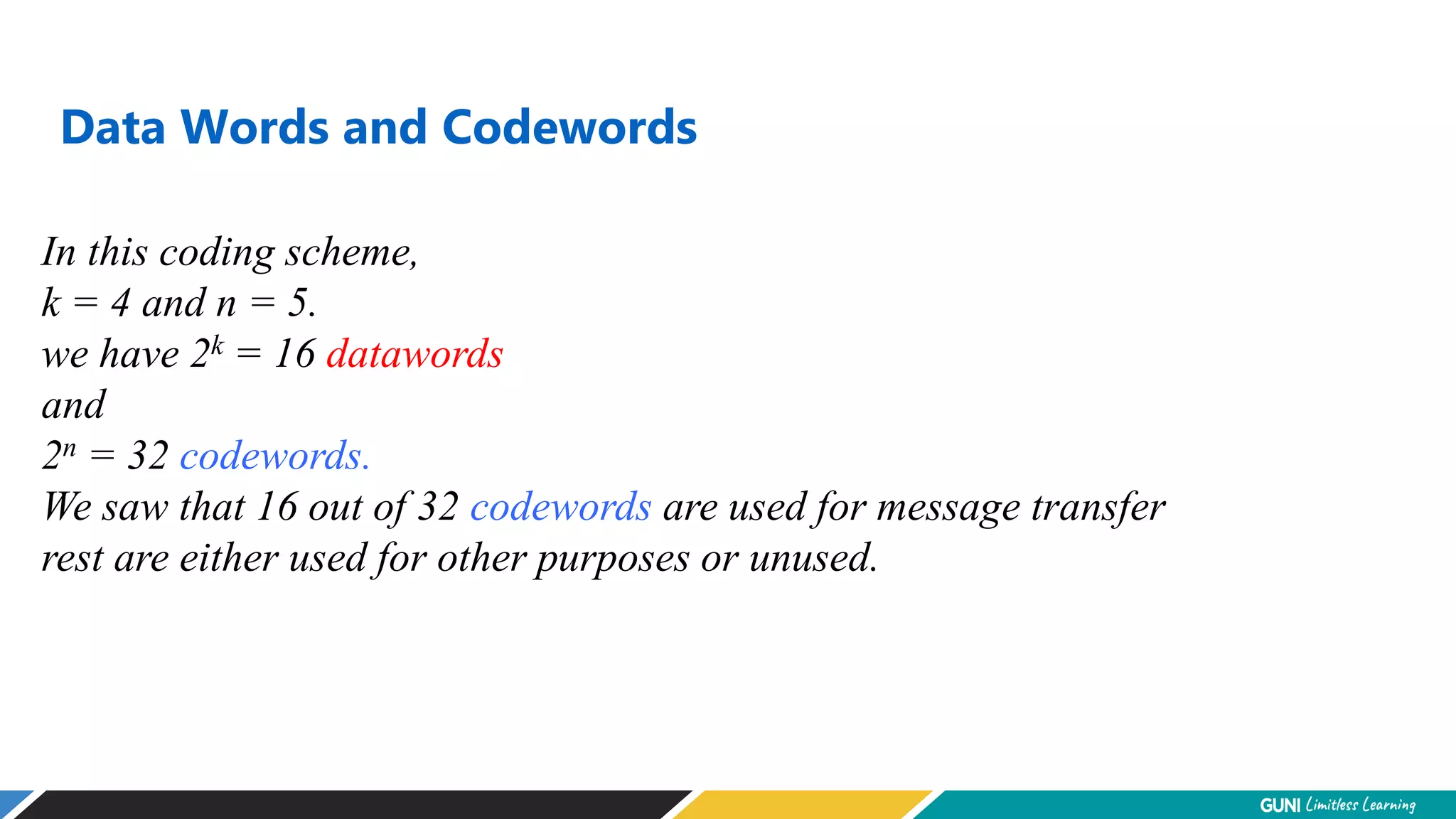 Data Words and Codewords
In this coding scheme,
k = 4 and n = 5.
we have 2k = 16 datawords
and
2n = 32 codewords.
We saw that 16 out of 32 codewords are used for message transfer
rest are either used for other purposes or unused.
 
