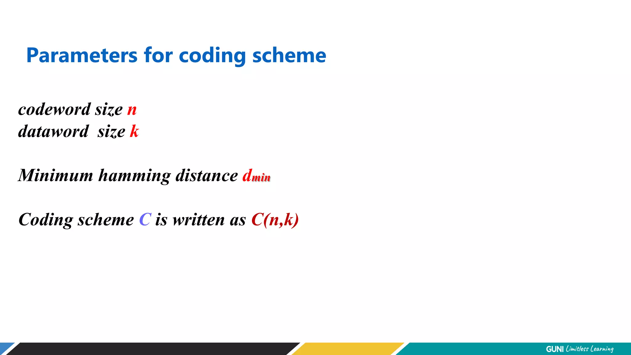 Parameters for coding scheme
codeword size n
dataword size k
Minimum hamming distance dmin
Coding scheme C is written as C(n,k)
 