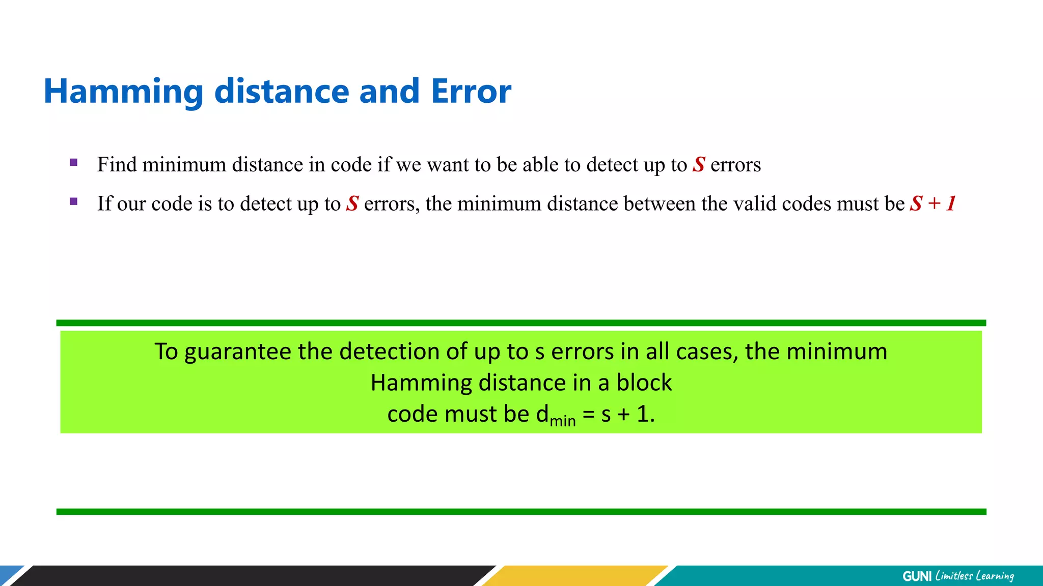 Hamming distance and Error
 Find minimum distance in code if we want to be able to detect up to S errors
 If our code is to detect up to S errors, the minimum distance between the valid codes must be S + 1
To guarantee the detection of up to s errors in all cases, the minimum
Hamming distance in a block
code must be dmin = s + 1.
 