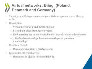 Virtual networks: Biiugi (Poland,
Denmark and Germany)
• Target group: Entrepreneurs and potential entrepreneurs over the age
of 50.
• Description:
– Virtual networking and mentoring tool.
– Started out of EU Best Agers Project.
– Each member has an online profile that is available for others to see.
– 2 levels of membership: basic membership and premium
membership.
• Results achieved:
– Developed an online virtual network.
• Lessons for other initiatives:
– Developed in phases to ensure take-up.
 