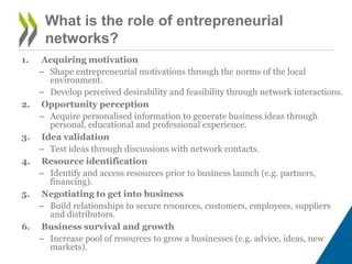 What is the role of entrepreneurial
networks?
1. Acquiring motivation
– Shape entrepreneurial motivations through the norms of the local
environment.
– Develop perceived desirability and feasibility through network interactions.
2. Opportunity perception
– Acquire personalised information to generate business ideas through
personal, educational and professional experience.
3. Idea validation
– Test ideas through discussions with network contacts.
4. Resource identification
– Identify and access resources prior to business launch (e.g. partners,
financing).
5. Negotiating to get into business
– Build relationships to secure resources, customers, employees, suppliers
and distributors.
6. Business survival and growth
– Increase pool of resources to grow a businesses (e.g. advice, ideas, new
markets).
 