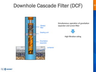 23
Downhole Cascade Filter (DCF)
Slotted
filter
Gravitation
separator
container
Sealing unit
motor
Simultaneous operation of gravitation
separator and screen filter
High filtration rating
 