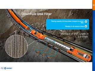 25
Downhole Disk Filter
Increase of ESP runlife in
2-3 times
Filtering capacity 6-8 times better compare to screen
filter
Filtration in all volume of discs
 