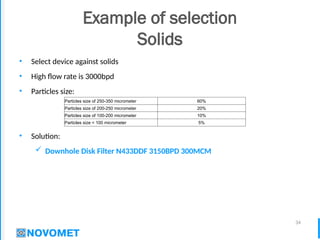 34
Example of selection
Solids
• Select device against solids
• High flow rate is 3000bpd
• Particles size:
• Solution:
 Downhole Disk Filter N433DDF 3150BPD 300MCM
Particles size of 250-350 micrometer 60%
Particles size of 200-250 micrometer 20%
Particles size of 100-200 micrometer 10%
Particles size < 100 micrometer 5%
 