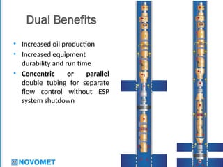 18
Dual Benefits
• Increased oil production
• Increased equipment
durability and run time
• Concentric or parallel
double tubing for separate
flow control without ESP
system shutdown
 
