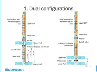 27
1. Dual configurations
Cut-off valve
Safety sub
Upper ESP
Anchor
Lower ESP
Packer with cable penetrator
Dual system with
hermetic bypass
line Upper ESP
Leakproof pod with
penetrator
Mechanical packer
Safety sub
Cut-off valve
Anchor
Lower Perf
Upper Perf
Upper Perf
Lower Perf
Dual system with
hermetic bypass
line
 