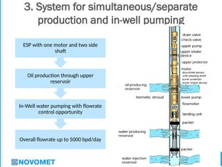 3. System for simultaneous/separate
production and in-well pumping
33
Overall flowrate up to 5000 bpd/day
In-Well water pumping with flowrate
control opportunity
Oil production through upper
reservoir
ESP with one motor and two side
shaft
 