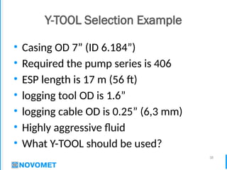 38
Y-TOOL Selection Example
• Casing OD 7” (ID 6.184”)
• Required the pump series is 406
• ESP length is 17 m (56 ft)
• logging tool OD is 1.6”
• logging cable OD is 0.25” (6,3 mm)
• Highly aggressive fluid
• What Y-TOOL should be used?
 