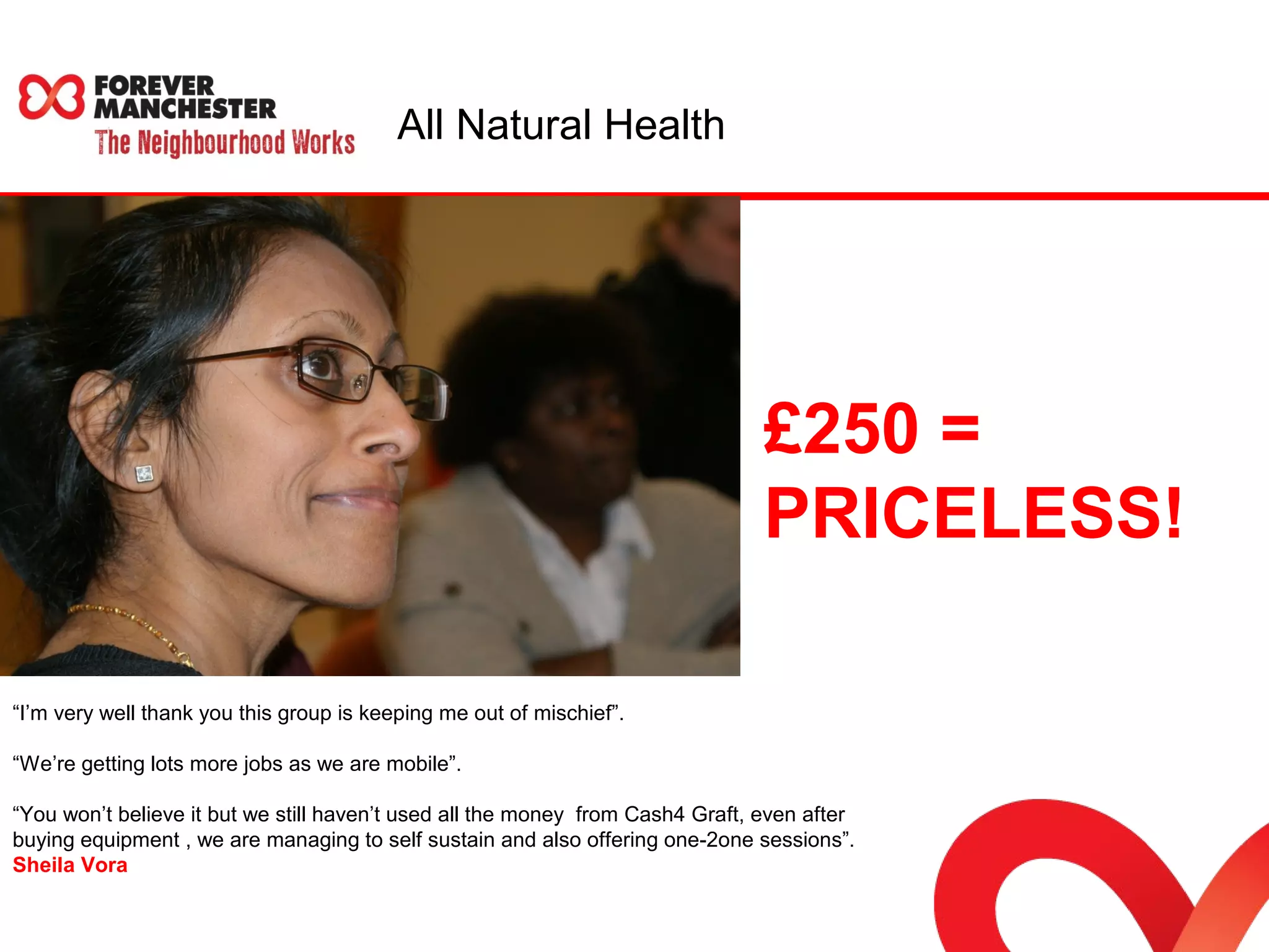 All Natural Health 
£250 = 
PRICELESS! 
“I’m very well thank you this group is keeping me out of mischief”. 
“We’re getting lots more jobs as we are mobile”. 
“You won’t believe it but we still haven’t used all the money from Cash4 Graft, even after 
buying equipment , we are managing to self sustain and also offering one-2one sessions”. 
Sheila Vora 
 