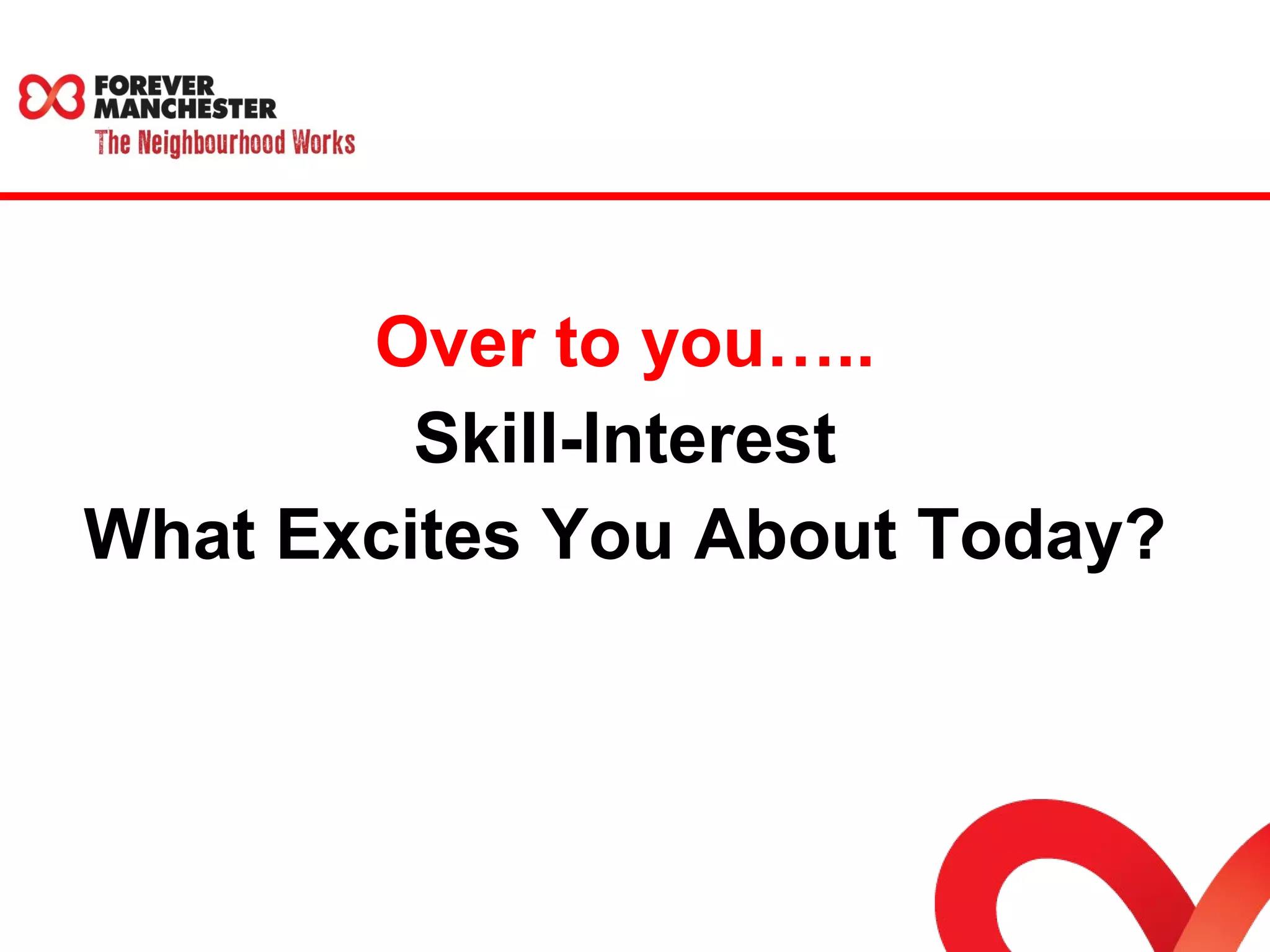 Over to you….. 
Skill-Interest 
What Excites You About Today? 
 