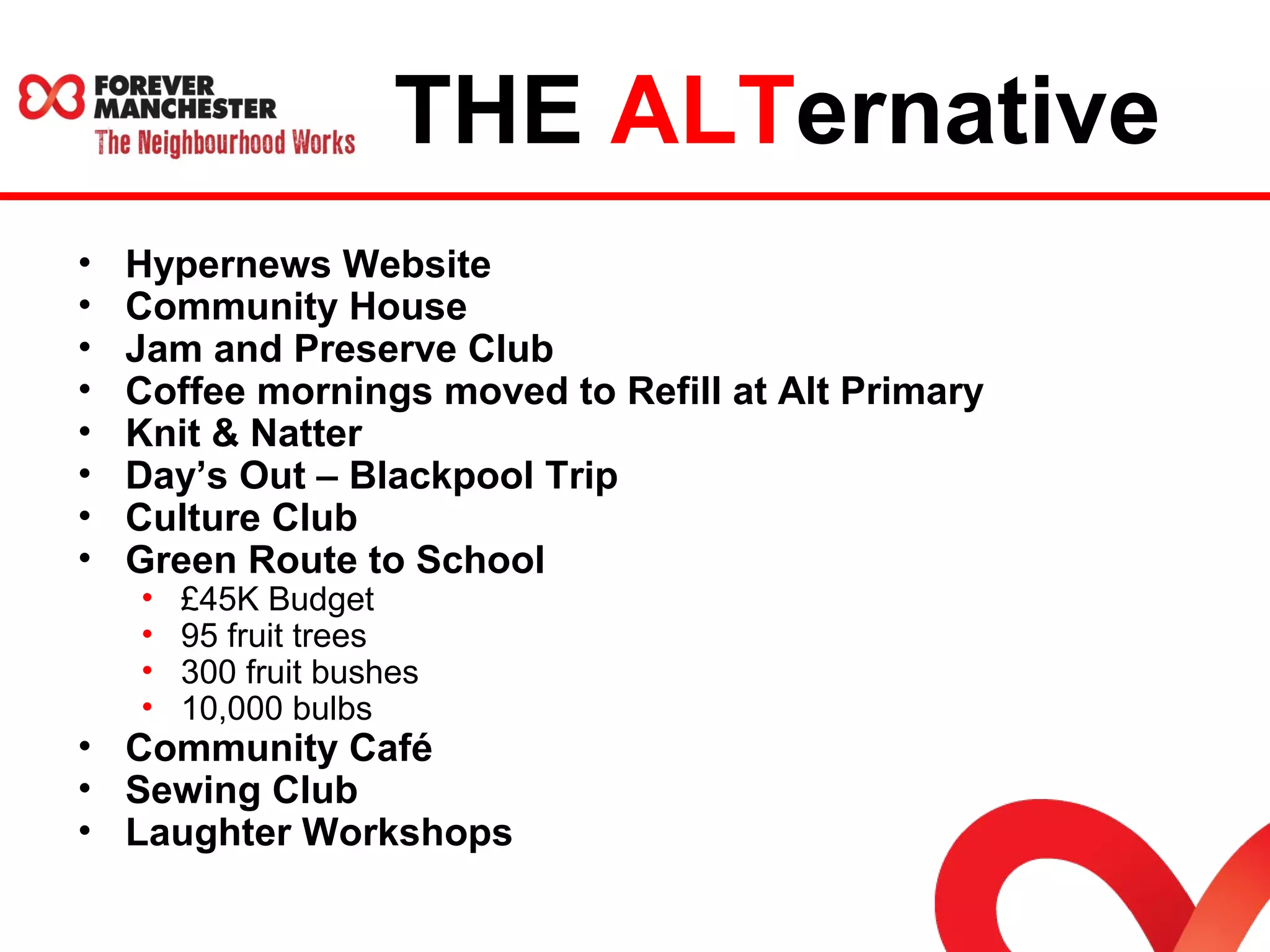 THE ALTernative 
• Hypernews Website 
• Community House 
• Jam and Preserve Club 
• Coffee mornings moved to Refill at Alt Primary 
• Knit & Natter 
• Day’s Out – Blackpool Trip 
• Culture Club 
• Green Route to School 
• £45K Budget 
• 95 fruit trees 
• 300 fruit bushes 
• 10,000 bulbs 
• Community Café 
• Sewing Club 
• Laughter Workshops 
 