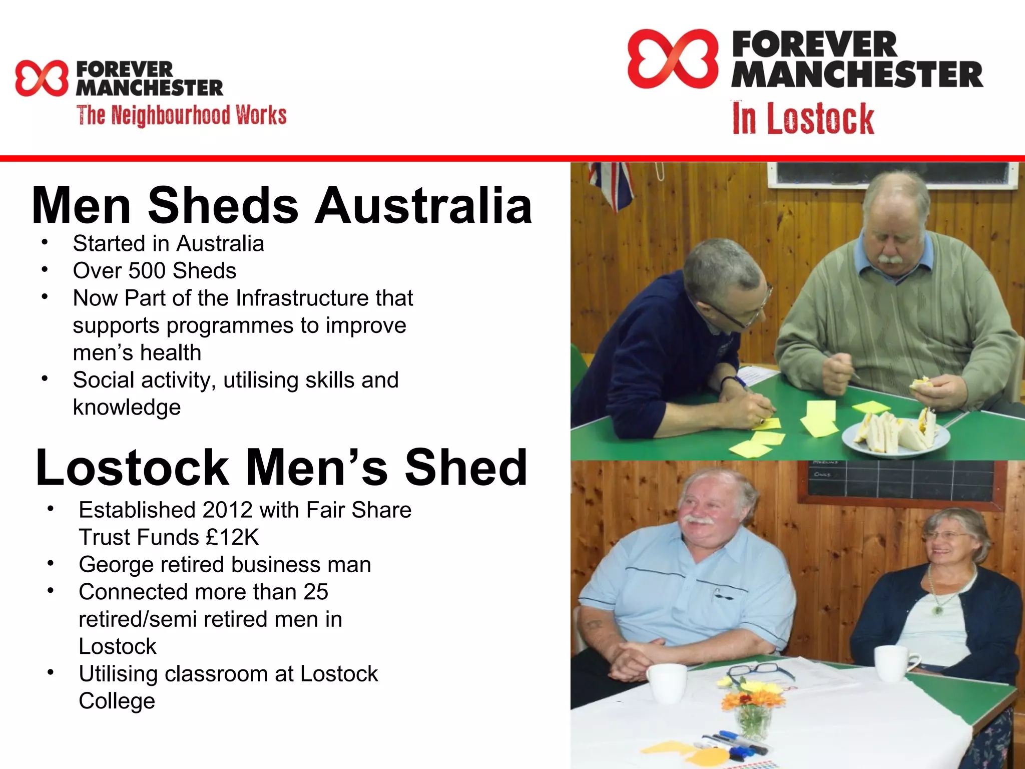 Men Sheds Australia • Started in Australia 
• Over 500 Sheds 
• Now Part of the Infrastructure that 
supports programmes to improve 
men’s health 
• Social activity, utilising skills and 
knowledge 
Lostock Men’s Shed 
• Established 2012 with Fair Share 
Trust Funds £12K 
• George retired business man 
• Connected more than 25 
retired/semi retired men in 
Lostock 
• Utilising classroom at Lostock 
College 
 
