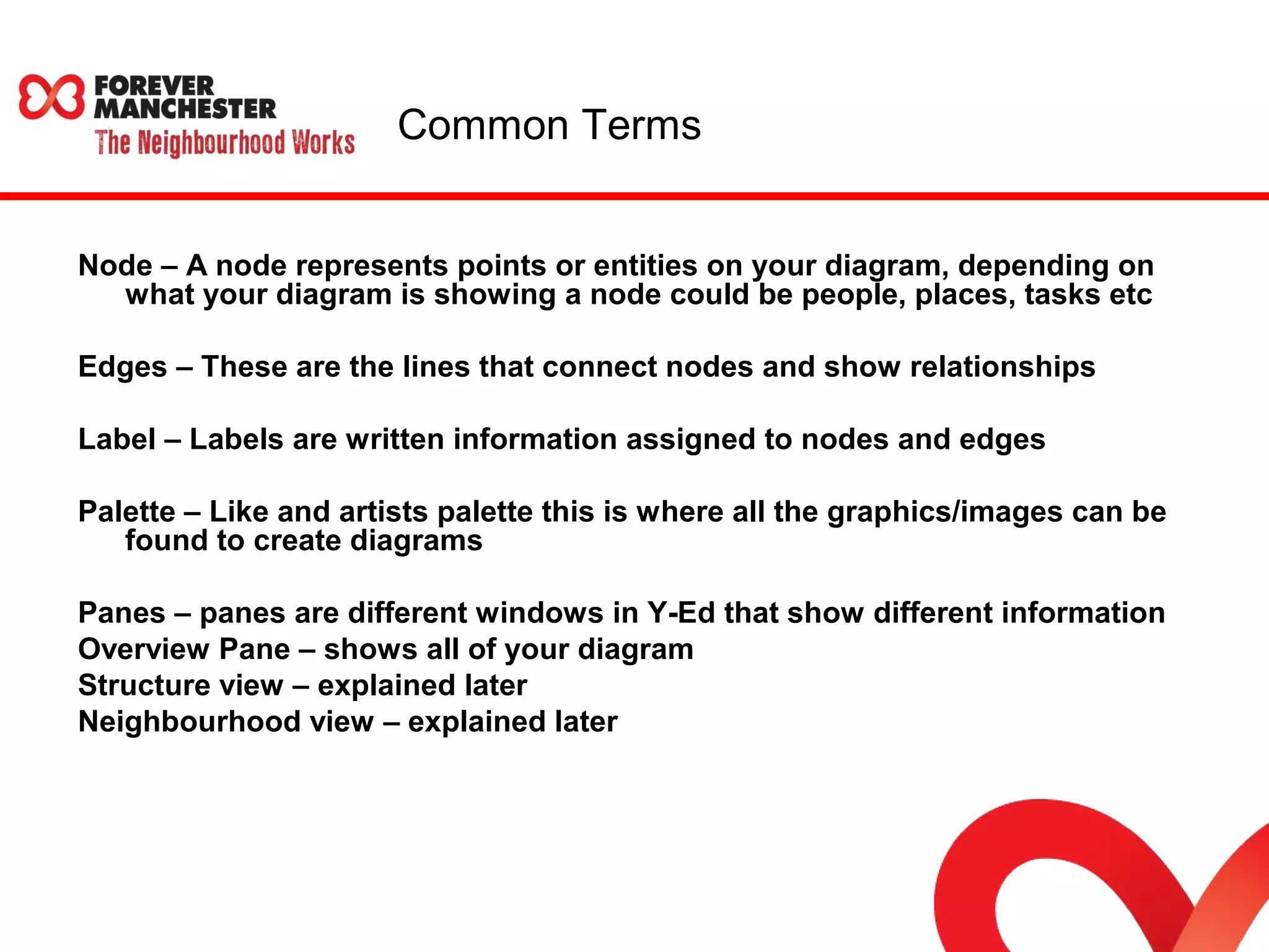 Common Terms 
Node – A node represents points or entities on your diagram, depending on 
what your diagram is showing a node could be people, places, tasks etc 
Edges – These are the lines that connect nodes and show relationships 
Label – Labels are written information assigned to nodes and edges 
Palette – Like and artists palette this is where all the graphics/images can be 
found to create diagrams 
Panes – panes are different windows in Y-Ed that show different information 
Overview Pane – shows all of your diagram 
Structure view – explained later 
Neighbourhood view – explained later 
 