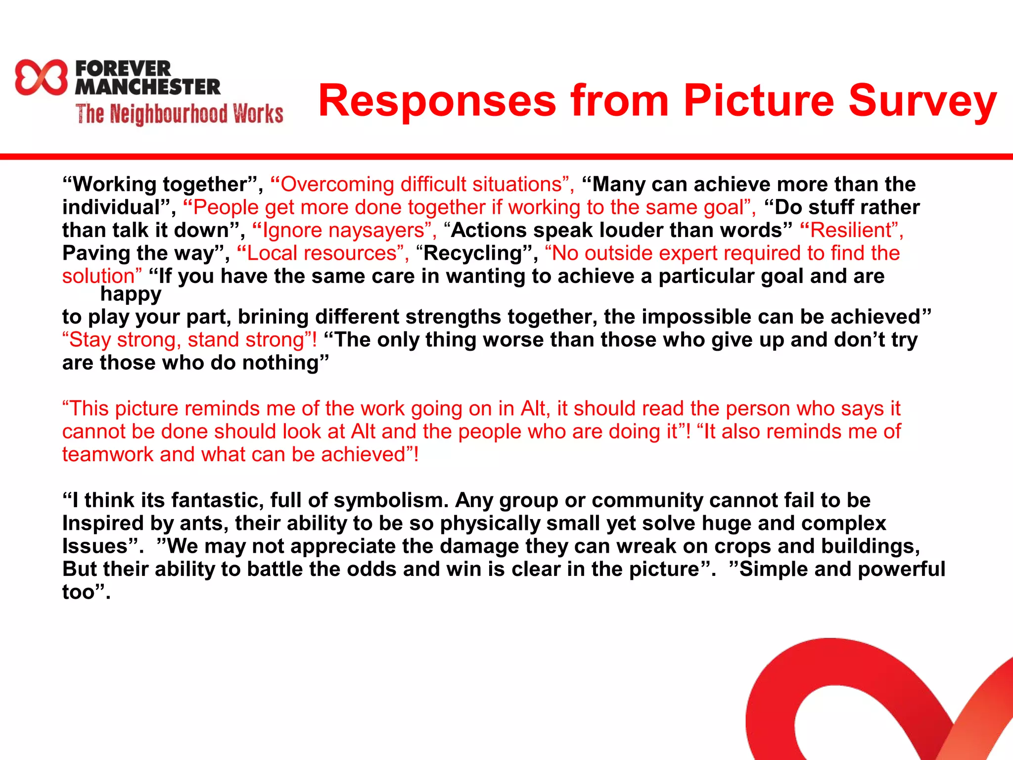 Responses from Picture Survey 
“Working together”, “Overcoming difficult situations”, “Many can achieve more than the 
individual”, “People get more done together if working to the same goal”, “Do stuff rather 
than talk it down”, “Ignore naysayers”, “Actions speak louder than words” “Resilient”, 
Paving the way”, “Local resources”, “Recycling”, “No outside expert required to find the 
solution” “If you have the same care in wanting to achieve a particular goal and are 
happy 
to play your part, brining different strengths together, the impossible can be achieved” 
“Stay strong, stand strong”! “The only thing worse than those who give up and don’t try 
are those who do nothing” 
“This picture reminds me of the work going on in Alt, it should read the person who says it 
cannot be done should look at Alt and the people who are doing it”! “It also reminds me of 
teamwork and what can be achieved”! 
“I think its fantastic, full of symbolism. Any group or community cannot fail to be 
Inspired by ants, their ability to be so physically small yet solve huge and complex 
Issues”. ”We may not appreciate the damage they can wreak on crops and buildings, 
But their ability to battle the odds and win is clear in the picture”. ”Simple and powerful 
too”. 
 