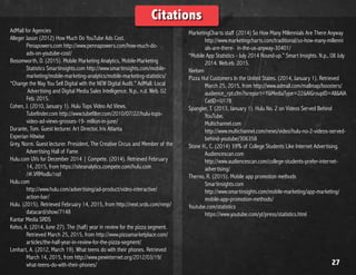 Citations
AdMall for Agencies
Alleger Jason (2012) How Much Do YouTube Ads Cost.
	 Penapowers.com http://www.pennapowers.com/how-much-do-
	ads-on-youtube-cost/
Bosomworth, D. (2015). Mobile Marketing Analytics, Mobile-Marketing
	 Statistics Smartinsights.com http://www.smartinsights.com/mobile-
	marketing/mobile-marketing-analytics/mobile-marketing-statistics/
“Change the Way You Sell Digital with the NEW Digital Audit.” AdMall: Local
Advertising and Digital Media Sales Intelligence. N.p., n.d. Web. 02
	 Feb. 2015.
Cohen, J. (2010, January 1). Hulu Tops Video Ad Views.
	 Tubefinder.com http://www.tubefilter.com/2010/07/22/hulu-tops-
	 video-ad-views-grosses-19- million-in-june/
Durante, Tom. Guest lecturer. Art Director, Iris Atlanta
Experian Hitwise
Grey, Norm. Guest lecturer. President, The Creative Circus and Member of the
	 Advertising Hall of Fame
Hulu.com UVs for December 2014 | Compete. (2014). Retrieved February
	 14, 2015, from https://siteanalytics.compete.com/hulu.com
	/#.VRModlu1nzI
Hulu.com
	http://www.hulu.com/advertising/ad-product/video-interactive/
	action-bar/
Hulu. (2015). Retrieved February 14, 2015, from http://next.srds.com/nmp/
	datacard/show/7148
Kantar Media SRDS
Kelso, A. (2014, June 27). The (half) year in review for the pizza segment.
	 Retrieved March 25, 2015, from http://www.pizzamarketplace.com/
	articles/the-half-year-in-review-for-the-pizza-segment/
Lenhart, A. (2012, March 19). What teens do with their phones. Retrieved
	 March 14, 2015, from http://www.pewinternet.org/2012/03/19/
	what-teens-do-with-their-phones/
MarketingCharts staff (2014) So How Many Millennials Are There Anyway
	http://www.marketingcharts.com/traditional/so-how-many-millenni
	 als-are-there-	in-the-us-anyway-30401/
“Mobile App Statistics - July 2014 Round-up.” Smart Insights. N.p., 08 July
	 2014. Web.eb. 2015.
Nielsen
Pizza Hut Customers In the United States. (2014, January 1). Retrieved
	 March 25, 2015, from 	http://www.admall.com/mallmap/boosters/
	audience_rpt.cfm?isreport=Y&MediaType=22&AIGroupID=All&AIA
	CatID=U178
Spangler, T. (2013, January 1). Hulu No. 2 on Videos Served Behind
	YouTube.
	Multichannel.com
	http://www.multichannel.com/news/video/hulu-no-2-videos-served-
	 behind-	youtube/306358
Stone H., C. (2014) 39% of College Students Like Internet Advertising.
	Audiencescan.com
	http://www.audiencescan.com/college-students-prefer-internet-
	advertising/
Therno, R. (2015). Mobile app promotion methods
	Smartinsights.com
	http://www.smartinsights.com/mobile-marketing/app-marketing/
	mobile-app-promotion-methods/
Youtube.com/statistics
	https://www.youtube.com/yt/press/statistics.html
27
 
