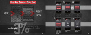 133%The architecture of the current Pizza Hut
ordering app is designed to cater to the
purchasing habits of only 3 percent of the tar-
get audience.
An Insight
NOW
RIGHT
NOW
Pizza Hut’s current ordering app is
beautifully done. It captures perfectly
the Flavor of Now concept in every
detail and does so with notable graphic
excellence and appetite appeal. There
is, however, a question of architecture.
The very detail of the current app’s
structure caters perfectly to the
consumer who wants to compose a
different pizza with every order.
Unfortunately, research suggests that
only 3 percent of pizza consumers do
this. A massive majority of consumers
always or frequently order the same
pizza. While it is possible to order one’s
usual pizza quickly using the current
app architecture, the option preferred
We propose a modification. We must
emphasize that we do not propose a
replacement for the current excellent
app, merely a reshuffling of the order in
which the opening pages appear. With
the initial pages arranged in the order
shown in this concept, the consumer will
in fact be able to order his or her usual
pizza, delivered to the usual address
and paid for in the usual way in 15
seconds or less.
by most customers is not immediately
obvious and available.
How Now Becomes Right Now
The promise is real. This modification
puts that real promise front and center. Welcome back,, Allie!!
2050
HUT BUCKS
sign out
sign out
THE USUAL
NOT TODAY
USUAL ADDRESS?
NOT THIS TIME
PICK UP AS USUAL
NOT THIS TIME
sign out
HUT BUCKS
2050
Welcome back,, Allie!!
sign out
USUAL ADDRESS?
NOT THIS TIME
sign out
HUT BUCKS
2050
pay as usual
NOT This time
ALLIE,
GOT IT!
YOUR PIZZA WI;LL BE
THERE IN
30 MINS
ALLIE,
YOU NOW HAVE
3000
HUT BUCKS
THANKS!
Welcome back,, Allie!!
2050
HUT BUCKS
sign out
sign out
THE USUAL
NOT TODAY
USUAL ADDRESS?
NOT THIS TIME
sign out
HUT BUCKS
2050
Welcome back,, Allie!!
THE USUAL
NOT TODAY
USUAL AdDRESS
NOT THIS TIME
PICK UP AS USUAL
NOT THIS TIME
sign out
USUAL ADDRESS?
NOT THIS TIME
sign out
HUT BUCKS
2050
PICK UP AS USUAL
NOT THIS TIME
OR
If “the usual,” go
to screen 2. If “not
today,” default to
regular app.
If “pay as usual,” go
to screen 4. If “not
this time,” default to
regular app.
Acknowledgement
screen.
Automatic Hut Bucks
tally screen.
If “pick up,” go to
screen 3. If “not
this time,” default to
regular app.
If “usual address,”
go to screen 3. If
“not this time,” de-
fault to regular app.
1 2A 2B
3 4 5
14
 
