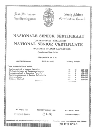 Kim Wilson Paarl College Certificate