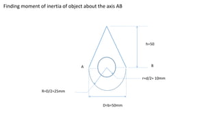Finding moment of inertia of object about the axis AB
h=50
D=b=50mm
R=D/2=25mm
r=d/2= 10mm
A B
 