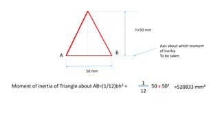 Moment of inertia of Triangle about AB=(1/12)bh3 =
h=50 mm
B
50 mm
A
1
12
50 x 503
=520833 mm4
Axis about which moment
of inertia
To be taken
 