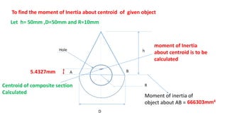 To find the moment of Inertia about centroid of given object
Let h= 50mm ,D=50mm and R=10mm
h
D
R
A B
Hole
5.4327mm
Centroid of composite section
Calculated
Moment of inertia of
object about AB = 666303mm4
moment of Inertia
about centroid is to be
calculated
 