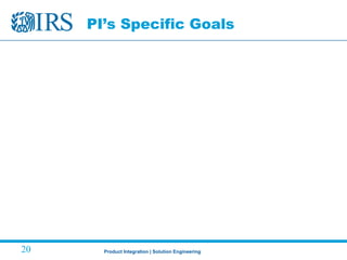 Product Integration | Solution Engineering20
PI’s Specific Goals
 