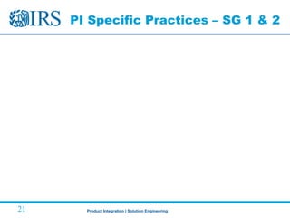 Product Integration | Solution Engineering21
PI Specific Practices – SG 1 & 2
 