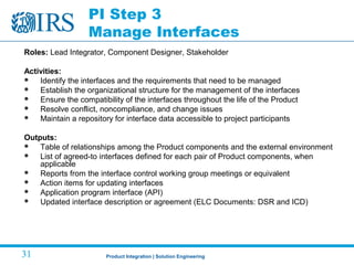 Product Integration | Solution Engineering31
PI Step 3
Manage Interfaces
Roles: Lead Integrator, Component Designer, Stakeholder
Activities:
 Identify the interfaces and the requirements that need to be managed
 Establish the organizational structure for the management of the interfaces
 Ensure the compatibility of the interfaces throughout the life of the Product
 Resolve conflict, noncompliance, and change issues
 Maintain a repository for interface data accessible to project participants
Outputs:
 Table of relationships among the Product components and the external environment
 List of agreed-to interfaces defined for each pair of Product components, when
applicable
 Reports from the interface control working group meetings or equivalent
 Action items for updating interfaces
 Application program interface (API)
 Updated interface description or agreement (ELC Documents: DSR and ICD)
 