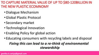 geetika.b.saluja@gmail.com
TO CAPTURE MATERIAL VALUE OF UP TO $80-120BILLION IN
THE NEW PLASTIC ECOMNOMY
•Dialogue Mechanism
•Global Plastic Protocol
•Secondary market
•Technological Innovation
•Enabling Policy for global action
•Educating consumers with recycling labels and disposal
Fixing this can lead to a re-think of environmental
stewardship
 