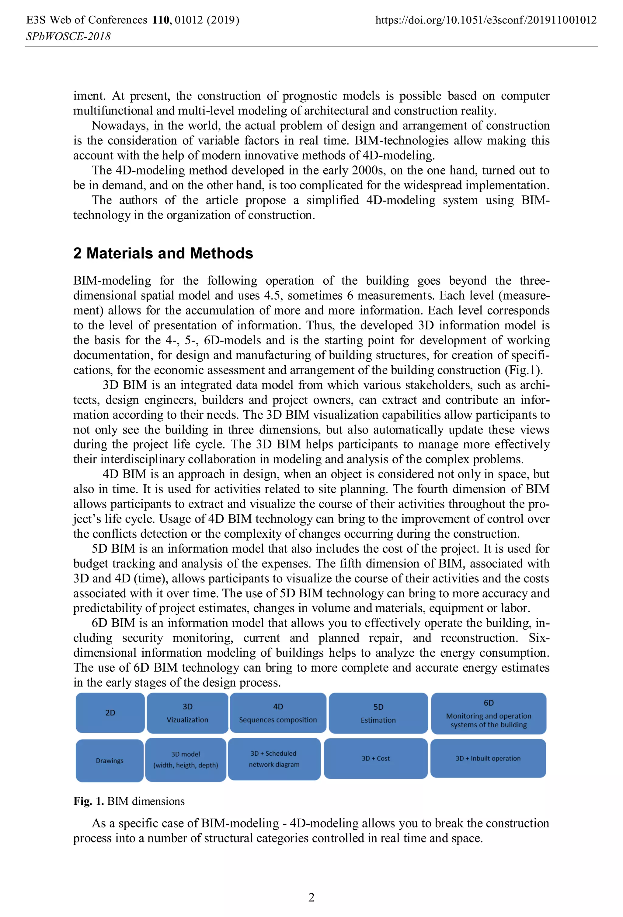 iment. At present, the construction of prognostic models is possible based on computer
multifunctional and multi-level modeling of architectural and construction reality.
Nowadays, in the world, the actual problem of design and arrangement of construction
is the consideration of variable factors in real time. BIM-technologies allow making this
account with the help of modern innovative methods of 4D-modeling.
The 4D-modeling method developed in the early 2000s, on the one hand, turned out to
be in demand, and on the other hand, is too complicated for the widespread implementation.
The authors of the article propose a simplified 4D-modeling system using BIM-
technology in the organization of construction.
2 Materials and Methods
BIM-modeling for the following operation of the building goes beyond the three-
dimensional spatial model and uses 4.5, sometimes 6 measurements. Each level (measure-
ment) allows for the accumulation of more and more information. Each level corresponds
to the level of presentation of information. Thus, the developed 3D information model is
the basis for the 4-, 5-, 6D-models and is the starting point for development of working
documentation, for design and manufacturing of building structures, for creation of specifi-
cations, for the economic assessment and arrangement of the building construction (Fig.1).
3D BIM is an integrated data model from which various stakeholders, such as archi-
tects, design engineers, builders and project owners, can extract and contribute an infor-
mation according to their needs. The 3D BIM visualization capabilities allow participants to
not only see the building in three dimensions, but also automatically update these views
during the project life cycle. The 3D BIM helps participants to manage more effectively
their interdisciplinary collaboration in modeling and analysis of the complex problems.
4D BIM is an approach in design, when an object is considered not only in space, but
also in time. It is used for activities related to site planning. The fourth dimension of BIM
allows participants to extract and visualize the course of their activities throughout the pro-
ject’s life cycle. Usage of 4D BIM technology can bring to the improvement of control over
the conflicts detection or the complexity of changes occurring during the construction.
5D BIM is an information model that also includes the cost of the project. It is used for
budget tracking and analysis of the expenses. The fifth dimension of BIM, associated with
3D and 4D (time), allows participants to visualize the course of their activities and the costs
associated with it over time. The use of 5D BIM technology can bring to more accuracy and
predictability of project estimates, changes in volume and materials, equipment or labor.
6D BIM is an information model that allows you to effectively operate the building, in-
cluding security monitoring, current and planned repair, and reconstruction. Six-
dimensional information modeling of buildings helps to analyze the energy consumption.
The use of 6D BIM technology can bring to more complete and accurate energy estimates
in the early stages of the design process.
Fig. 1. BIM dimensions
As a specific case of BIM-modeling - 4D-modeling allows you to break the construction
process into a number of structural categories controlled in real time and space.
, 0 2019)
E3S Web of Conferences https://doi.org/10.1051/e3sconf/2019
(
110 1100
-2018
10 10
SPbWOSCE
1 1
2 2
2
 