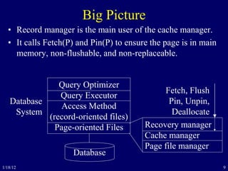 9
Big Picture
Database
System
Query Optimizer
Query Executor
Access Method
(record-oriented files)
Page-oriented Files
Database
Recovery manager
Cache manager
Page file manager
Fetch, Flush
Pin, Unpin,
Deallocate
• Record manager is the main user of the cache manager.
• It calls Fetch(P) and Pin(P) to ensure the page is in main
memory, non-flushable, and non-replaceable.
1/18/12
 