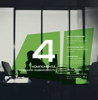 компонента
создания недвижимости
Проектирование
Всегда с учетом
современных тенденций
в отрасли
Строительство
Надежные и эффективные
решения
Маркетинг
Учет потребностей
будущих жильцов для
создания комфортного
жилья
Менеджмент
Реализация
девелоперских проектов
как отлаженного
бизнес-процесса
 