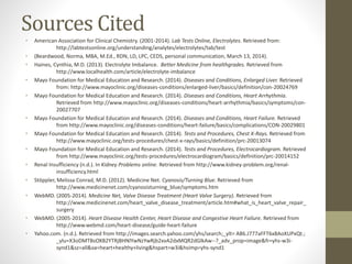 Sources Cited
• American Association for Clinical Chemistry. (2001-2014). Lab Tests Online, Electrolytes. Retrieved from:
http://labtestsonline.org/understanding/analytes/electrolytes/tab/test
• (Beardwood, Norma, MBA, M.Ed., RDN, LD, LPC, CEDS, personal communication, March 13, 2014).
• Haines, Cynthia, M.D. (2013). Electrolyte Imbalance. Better Medicine from healthgrades. Retrieved from
http://www.localhealth.com/article/electrolyte-imbalance
• Mayo Foundation for Medical Education and Research. (2014). Diseases and Conditions, Enlarged Liver. Retrieved
from: http://www.mayoclinic.org/diseases-conditions/enlarged-liver/basics/definition/con-20024769
• Mayo Foundation for Medical Education and Research. (2014). Diseases and Conditions, Heart Arrhythmia.
Retrieved from http://www.mayoclinic.org/diseases-conditions/heart-arrhythmia/basics/symptoms/con-
20027707
• Mayo Foundation for Medical Education and Research. (2014). Diseases and Conditions, Heart Failure. Retrieved
from http://www.mayoclinic.org/diseases-conditions/heart-failure/basics/complications/CON-20029801
• Mayo Foundation for Medical Education and Research. (2014). Tests and Procedures, Chest X-Rays. Retrieved from
http://www.mayoclinic.org/tests-procedures/chest-x-rays/basics/definition/prc-20013074
• Mayo Foundation for Medical Education and Research. (2014). Tests and Procedures, Electrocardiogram. Retrieved
from http://www.mayoclinic.org/tests-procedures/electrocardiogram/basics/definition/prc-20014152
• Renal Insufficiency (n.d.). In Kidney Problems online. Retrieved from http://www.kidney-problem.org/renal-
insufficiency.html
• Stöppler, Melissa Conrad, M.D. (2012). Medicine Net. Cyanosis/Turning Blue. Retrieved from
http://www.medicinenet.com/cyanosisturning_blue/symptoms.htm
• WebMD. (2005-2014). Medicine Net, Valve Disease Treatment (Heart Valve Surgery). Retrieved from
http://www.medicinenet.com/heart_valve_disease_treatment/article.htm#what_is_heart_valve_repair_
surgery
• WebMD. (2005-2014). Heart Disease Health Center, Heart Disease and Congestive Heart Failure. Retrieved from
http://www.webmd.com/heart-disease/guide-heart-failure
• Yahoo.com. (n.d.). Retrieved from http://images.search.yahoo.com/yhs/search;_ylt= A86.J777aFFT6x8AoXUPxQt.;
_ylu=X3oDMTBsOXB2YTRjBHNlYwNzYwRjb2xvA2dxMQR2dGlkAw--?_adv_prop=image&fr=yhs-w3i-
synd1&sz=all&va=heart+healthy+living&hspart=w3i&hsimp=yhs-synd1
 