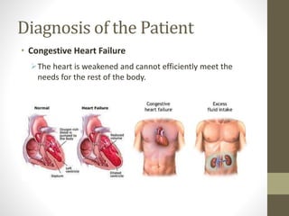 Diagnosis of the Patient
• Congestive Heart Failure
The heart is weakened and cannot efficiently meet the
needs for the rest of the body.
 