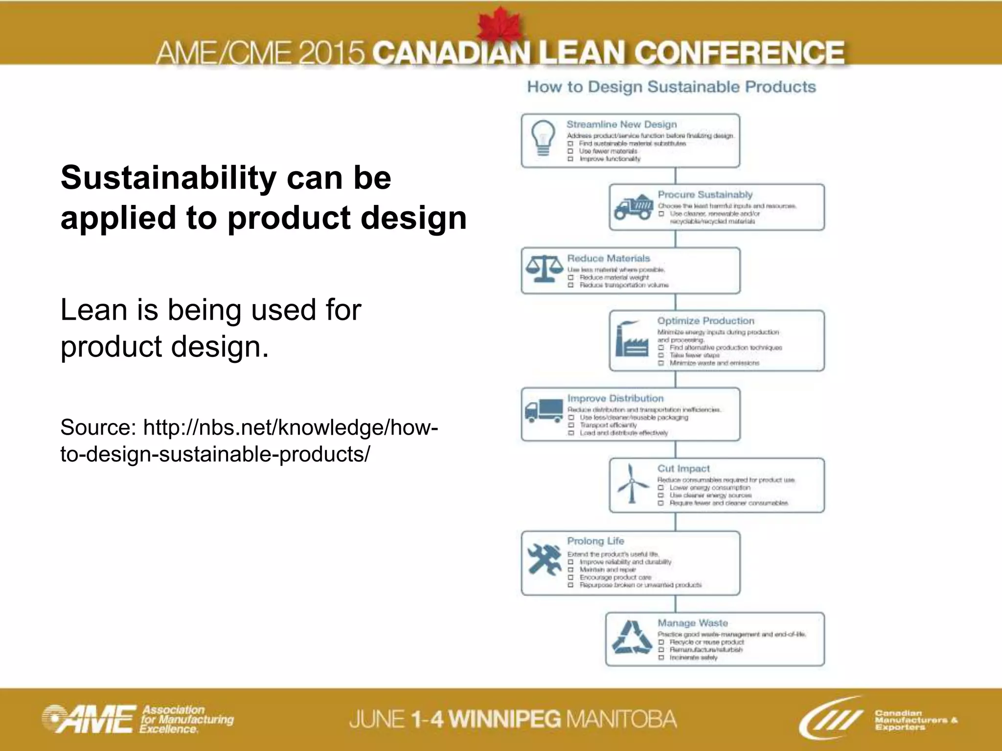 Sustainability can be
applied to product design
Lean is being used for
product design.
Source: http://nbs.net/knowledge/how-
to-design-sustainable-products/
 